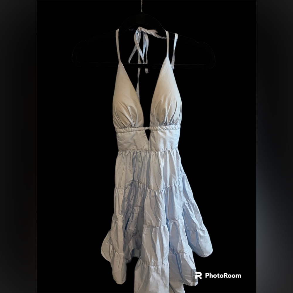 Blue spaghetti strap dress. Open back